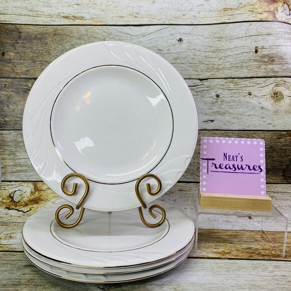 Gibson GOLDEN EMBRACE Embossed Curves Rim Gold Ring Ceramic Dinner Plate Set 4 - Picture 1 of 10